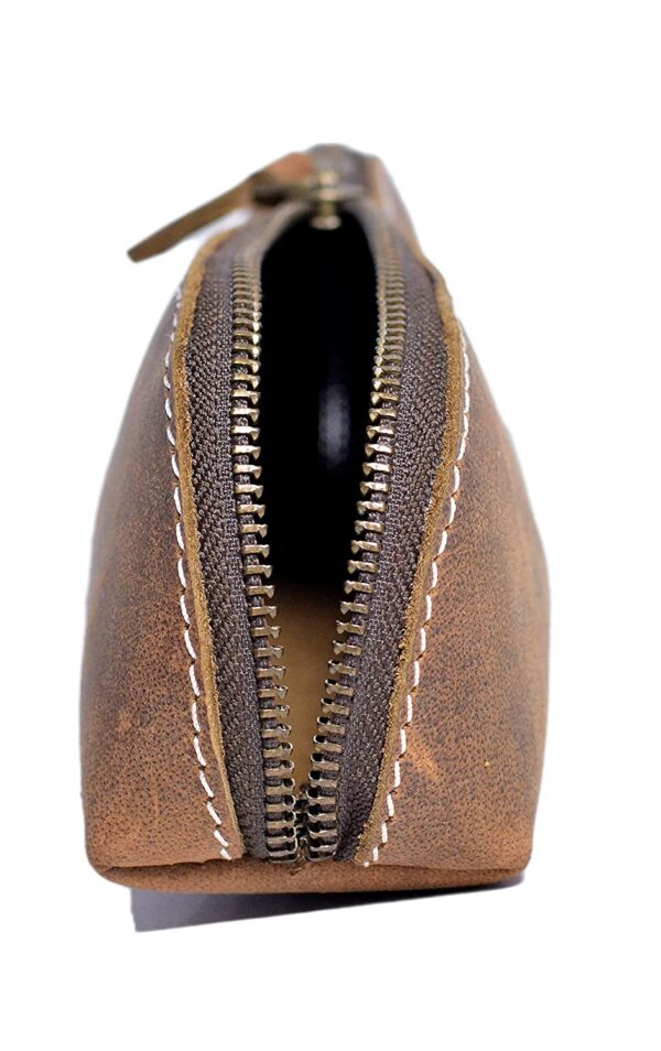 Genuine Brown Real Leather Zippered Pencil Case Pouch for Men