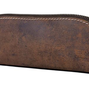 Genuine Brown Real Leather Zippered Pencil Case Pouch for Men, Women