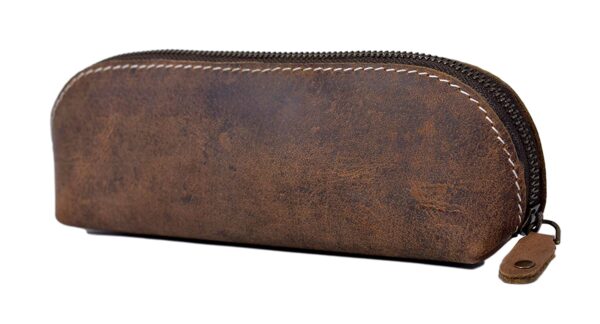 Genuine Brown Real Leather Zippered Pencil Case Pouch for Men, Women