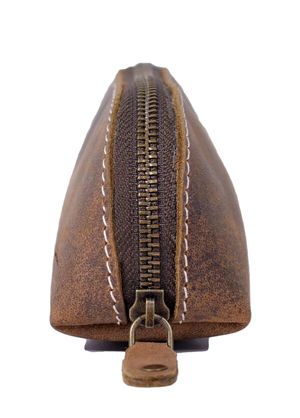 Genuine Brown Real Leather Zippered Pencil Case Pouch for Students