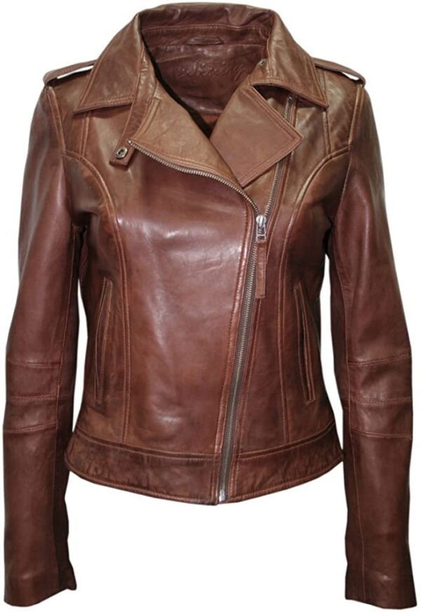 Ladies Brown Casual Soft Leather Biker Jacket