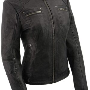 Ladies 'Racer' Black Stand Up Collar Leather Jacket
