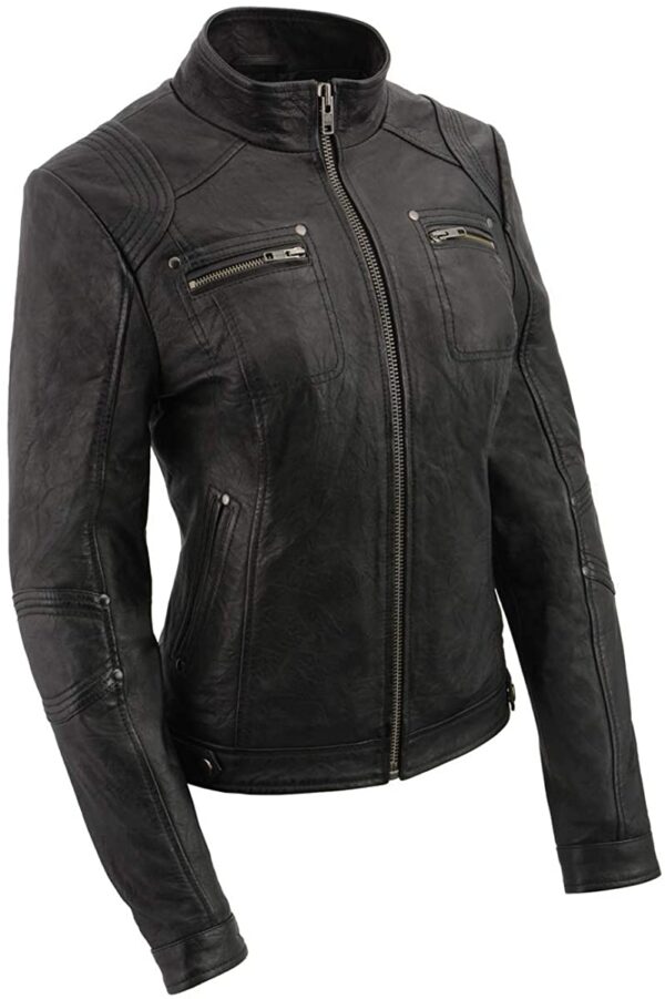 Ladies 'Racer' Black Stand Up Collar Leather Jacket