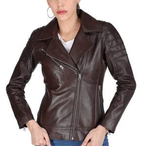 Leather Zip Closure Biker Jacket For Women
