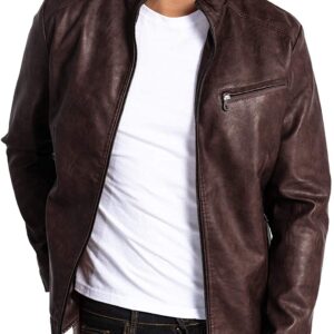 Mens Leather Jacket Slim Fit Stand Collar
