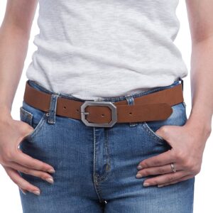 Reversible Leather Belts for Women with Wide Solid Brown Western Waist Sash Waistband Men Silver belt