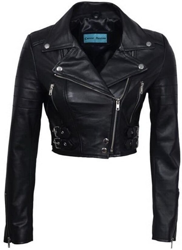 Women’s Chic Black Cropped Leather Biker Jacket